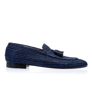 Super Glamourous Melilla Rafia Men's Shoes Navy Fabric Tassel Loafers (SPGM1058)-AmbrogioShoes