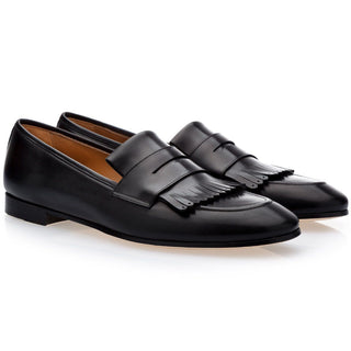 SUPERGLAMOUROUS Men's Shoes Black Cesar Nappa Calf-Skin Leather Fringed Loafers (SPGM1165)-AmbrogioShoes