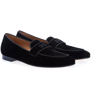 Super Glamourous Yes-I-Do Men's Shoes Black Velour Velvet Slipper Loafers (SPGM1039)-AmbrogioShoes