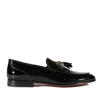 Valentino 19673 Men's Shoes Black Woven Patent Leather Tassels Loafers (VAL1005)-AmbrogioShoes